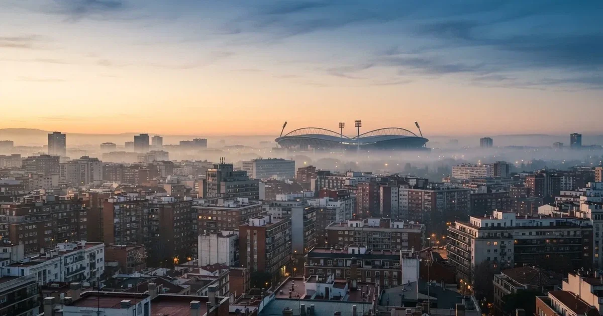 Panorama miasta z wysokiego punktu o świcie, w oddali kontur stadionu we mgle.