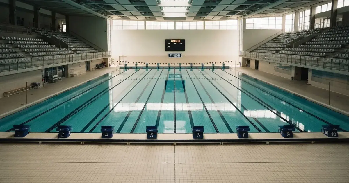 Pusty basen olimpijski z równymi torami i spokojną taflą wody, widok z trybun w jasnym świetle.